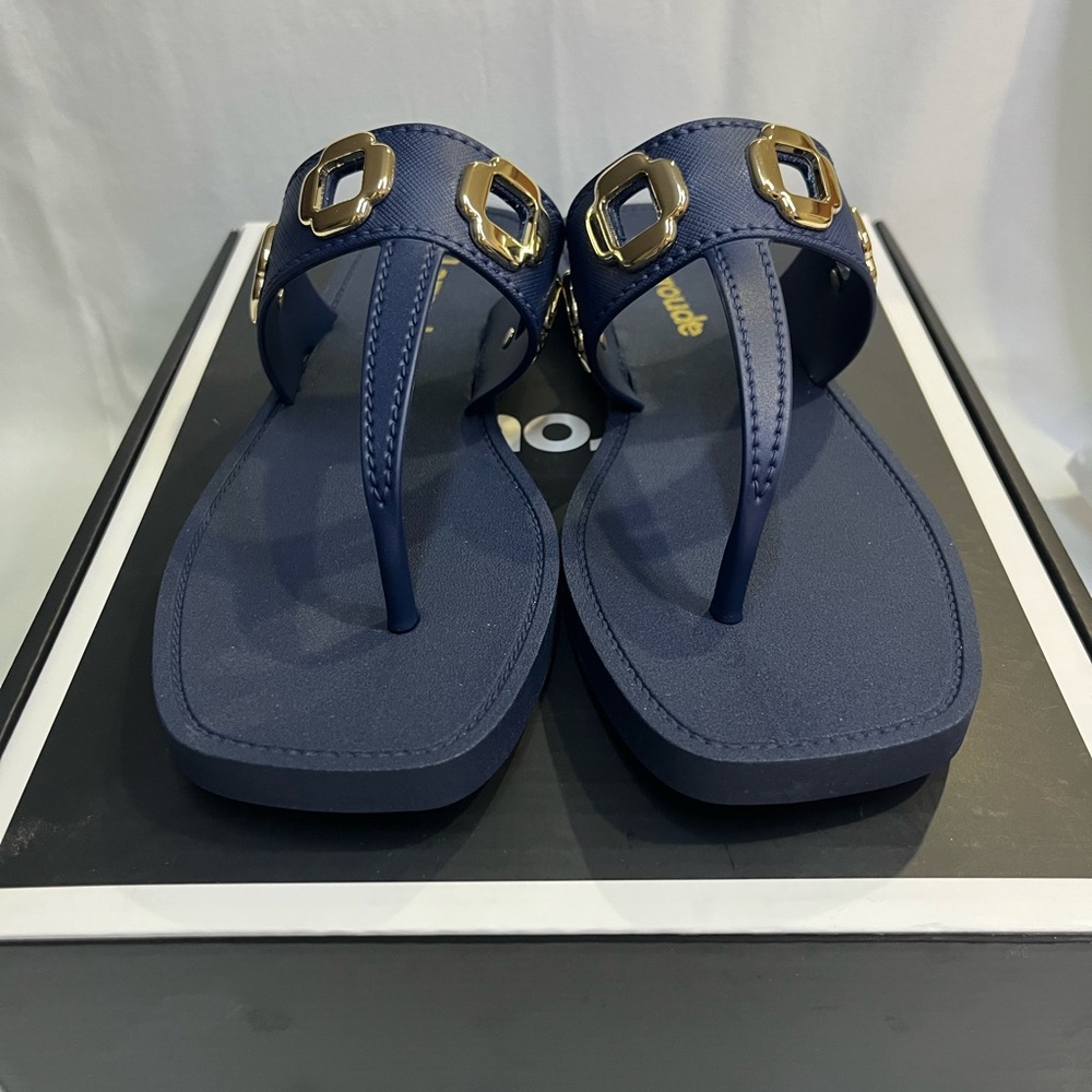 Larroude Navy Sandals with Gold Accents